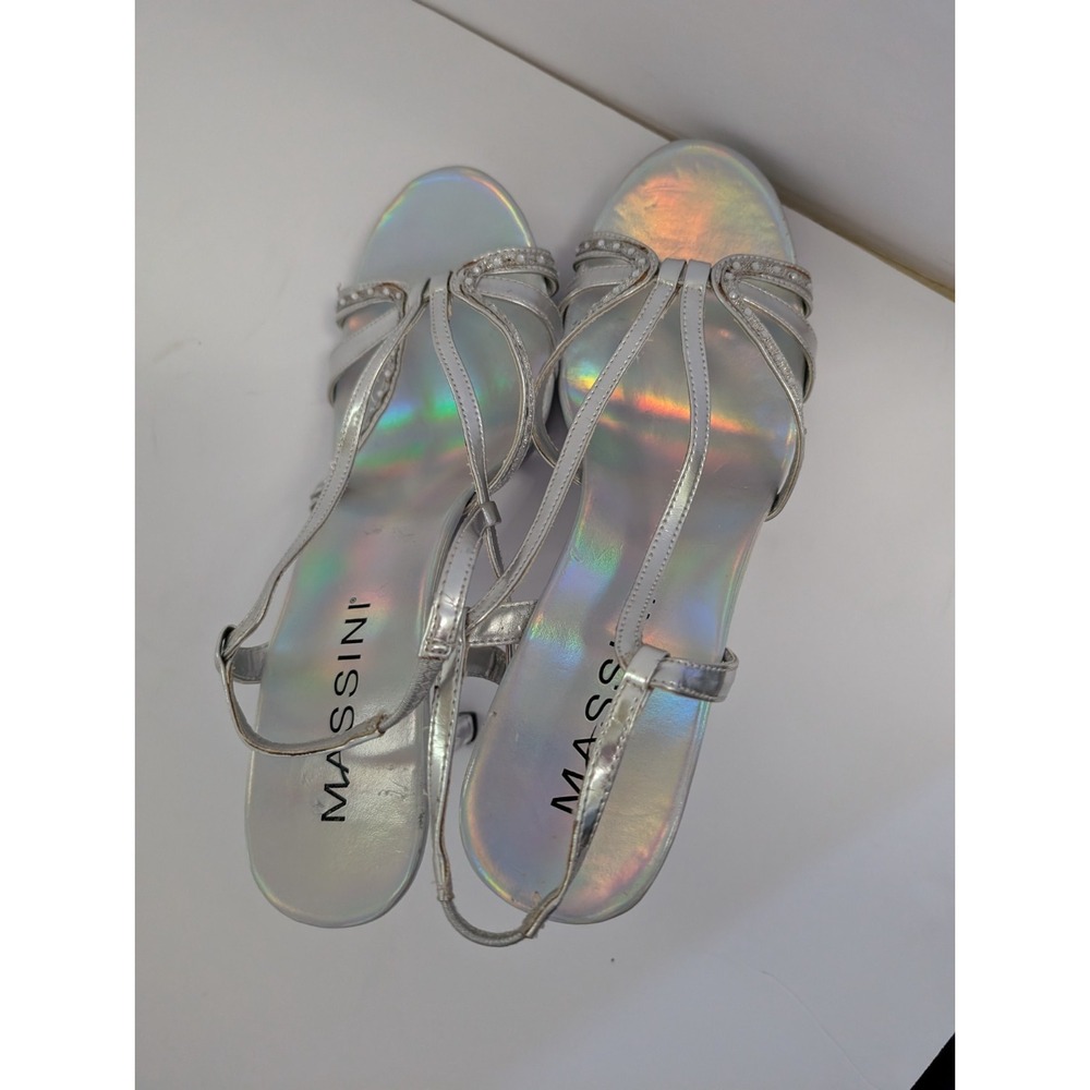 Massini Silver Dress Heels w/ Straps and See Thru Heel Size 9M 6 inch heel.